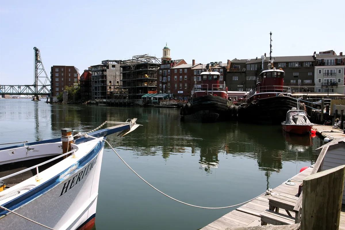 Boats and brick buildings along the Portsmouth, New Hampshire waterfront